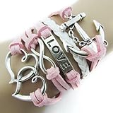 Pooqdo (TM) Fashion Infinity Double Heart Anchor Leather Charm Bracelet Pink