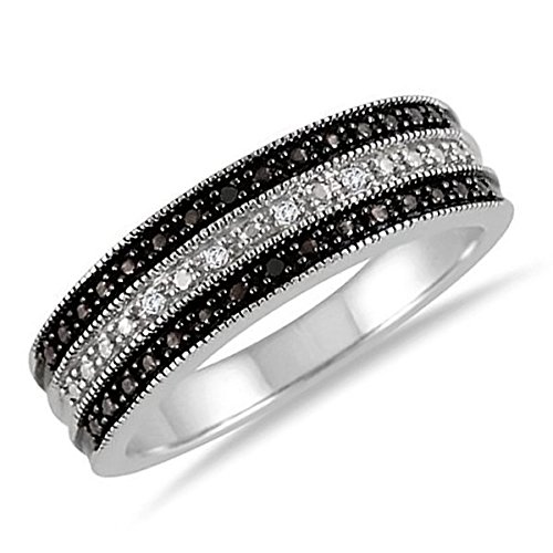 925 Sterling Silver Black & White Accent Diamond 3-Row Band Ring Size 5, 6 and 7