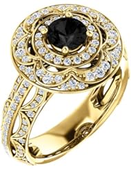 18K Yellow Gold Round Cut Black and White Diamond Ring -- LIFETIME WARRANTY