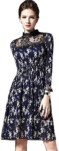 MoonlightCity Women Spring Autumn Spring Stand Collar Long-sleeved Printed Chiffon Dress Blue L