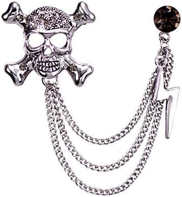 OUDUO Men's Rhinestone Cross Bones Brooch Lighting Pin With Chain Vintage Silver