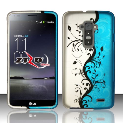 LG G Flex - Bundle Pack - Black Midnight Vines on Blue and Silver Design Case + Atom LED Keychain Light + Micro USB Car Charger