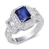 Classic Beauty 2.00 carats total weight Radiant Cut Created Blue Sapphire & White CZ Size 6 Gemstone Ring in Sterling Silver
