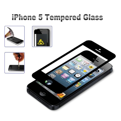 iPhone5 ARVONO カッターでも傷が付かない 気泡ゼロ/指紋防止/ケース/カバー/保護シート/衝撃/衝撃吸収/アンチグレア/背面/両面/のぞき見防止/ブルーライト/液晶保護シール/液晶保護シート/液晶保護フィルム/衝撃吸収フィルム/衝撃吸収ケース Tempered Glass プレミアム リアル スクリーン プロテクター《強化ガラス液晶保護フィルム》 (ブラック)