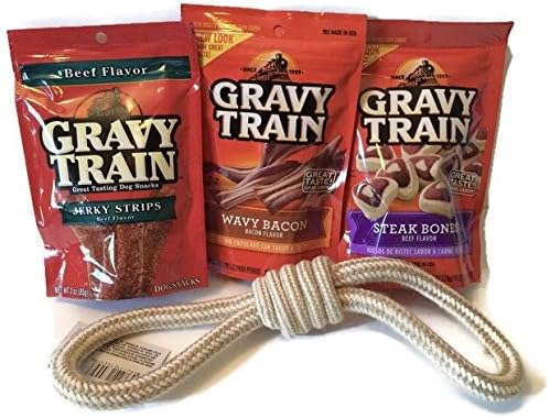 Best Seller Joommy Chew Hight Quality Dog Treat Gravy Train Steak Bone Favor, Jerky Strips Beef Flavor, Wavy Bacon Flavor Plus Cotton Dog Rope Toy Bundle Great Deal .