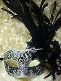 Venetian Style Mask with Black Feather in Silver Pattern