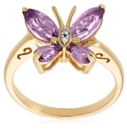Yellow Gold Plated Sterling Silver Amethyst and Diamond-Accent Butterfly Ring, Size 5