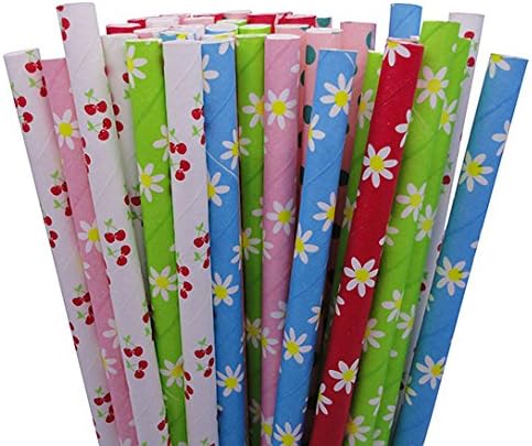 VvW 150 Assorted Colors Party Paper Drinking Straws - Flower, Cherry, Polka Dot