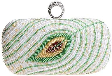 MissFox Women's Detachable Chain Clutch Evening Bag Bead Design Handbag Silver White