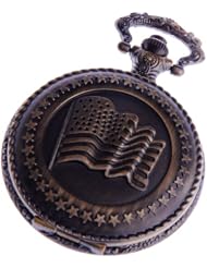 Pocket Watch Quartz With Chain White Dial Arabic Numerals American Flag Full Hunter Design - PW-45