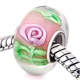 Fleur rose feuilles vertes verre de Murano Perle - Pandora Chamilia Biagi Perles Charm Compatible