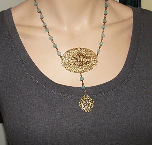 Aquamarine Gemstone Beaded Necklace w/Antique Gold Oval Filagree