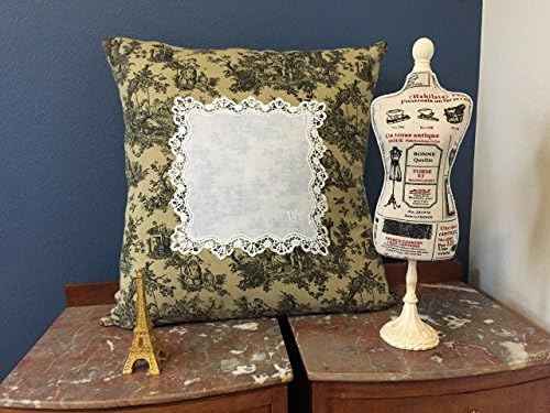 Vintage FRENCH TOILE Large NEW Pillow, 1910s French Handmade Hanky, NEW Down/Feather Insert, French Country, Shabby Chic