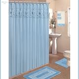 Blue 18-Piece Bathroom Set: 2-Rugs/Mats, 1-Fabric Shower Curtain, 12-Fabric Covered Rings, 3-Pc. Decorative Towel Set