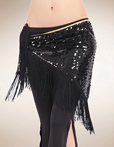 Songbird Dancer Fashion Tassel Sequins Triangle Belly Dance Hip Scarf Belly Dance Skirt (Black)