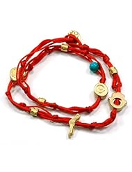 Heart & Hamsa Gold Plated Charms Double Wrapping Handmade Bracelet in Red for Love and Happiness
