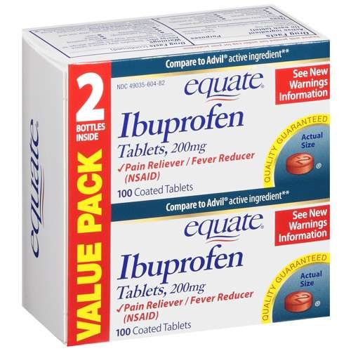 Equate - Ibuprofen Pain Reliever/Fever Reducer 200 mg, 200 Coated Tablets (2 Bottles of 100 Each)