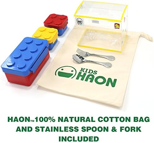 Brick Lunch Boxes Bento for Children Toddler Kids With 100% Natural Cotton Bag and Stainless Spoon Fork Set Included (NON-TOXIC MATERIAL) (BENTO) (BLUE SET)