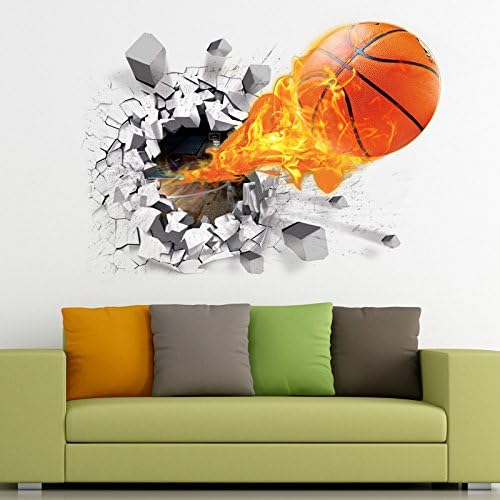 3D Self-adhesive Removable Break Through the Wall Vinyl Wall Sticker Mural Art Decals Decorator (Flying Fire Basketball (19.7" X 27.6"))