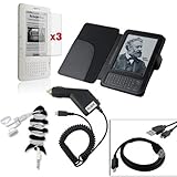 Skque 5 items Accessories Bundle for Kindle 3 :3 Pack of LCD Screen Protector + Leather Black Case + Rapid Car Charger + USB Date Cable + Fish Bone Holder