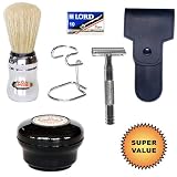 Shaving Set with ASC #34HD Razor with Travel Case, 10 Pack Lord Super Stainless Razor Blades, Omega Silver Professional Series Brush, Chrome Brush Stand, and Shave Cream