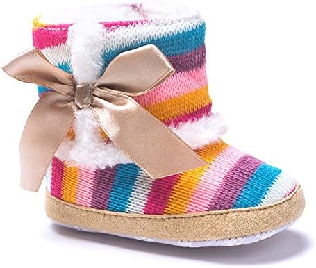 Akago® Baby Girls Multicolor Rainbow Cotton Knit Premium Soft Sole Anti-slip Warm Winter Infant Prewalker Toddler Cute Snow Boots (M: 6~12 Months)