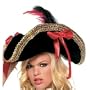 Pirate Hat With Thick Gold Trim, Bow Top With Feather (Black/Red;One Size)