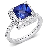Standout Princess Cut Checker Board Created Blue Sapphire & White CZ Size 7 Gemstone Ring in Sterling Silver