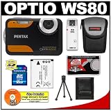 Pentax Optio WS80 Waterproof Digital Camera (Black/Orange) + 16GB Card + Spare D-LI88 Battery + Case + Accessory Kit