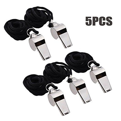 Damomon 5PCS Extra Loud Stainless Steel Whistles with Lanyard, Good for Referee, Coaches, Training, Self Defense, Survival, Emergency, etc