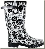 CLEARANCE Women's Black and White Floral Waterproof Rubber Rain Boots