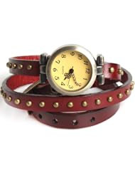 YesurpriseWeave Fashion Rivet Weave Wrap Around Leather Retro Bracelet Woman Wrist Watch Gift Dark Red