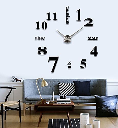 Arabic Numbers English Letters Luxury Large Size Moderen DIY Frameless Quartz 3d Mirror Surface Effect Wall Clock--black