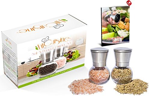 Exclusive Stainless Steel Salt and Pepper Grinder Set of 2 - Brushed Stainless Steel Pepper Mill and Salt Mill, Spectacular Glass Round Body with Adjustable Ceramic Grinding Mechanism By iFit Cuisine