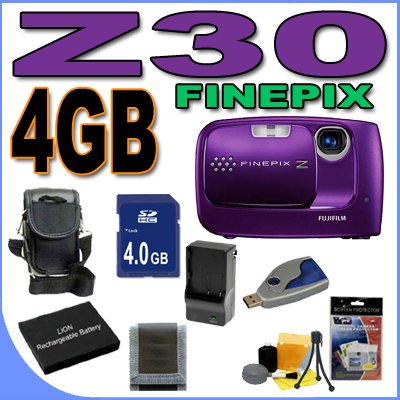 Fujifilm FinePix Z30 10MP Digital Camera w/3x Optical Zoom (Violet) BigVALUEInc Accessory Saver 4GB Battery/Charger Bundle