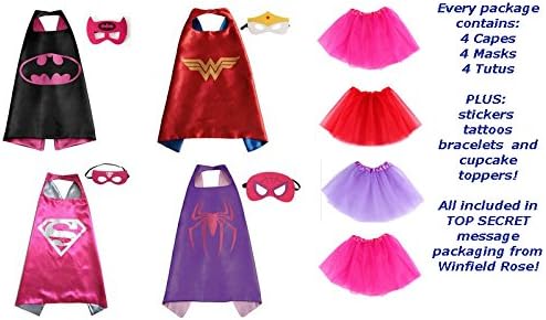 GIRL'S Party Bundle - Superhero Cape, Mask, WITH Tutu Costumes SET PLUS BONUS stickers, bracelets, tattoos and cupcake toppers