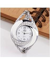 Pythons New Fashion Weaving Set Auger Bangle Wrist Watch Quartz for Women(White-Silver)