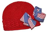 Just Precious! New Red Crochet Beanie Hat with Detachable American Flag Bow ~ Newborn to 9M