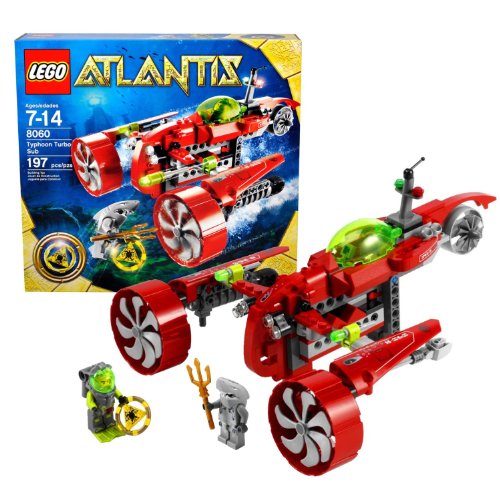 Lego Atlantis Series Vehicle Set # 8060 - TYPHOON TURBO SUB with Key Grabbing Claw, Torpedo Shooter and Flick Fire Missiles Plus Yellow Atlantis Treasure Key, Shark Warrior and Heroic Diver Minifigures (Total Pieces: 197)