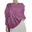 100% Wool Plaid Handmade Flower Stitch Tassel Ends Large Scarf Shawl - Magenta Pink