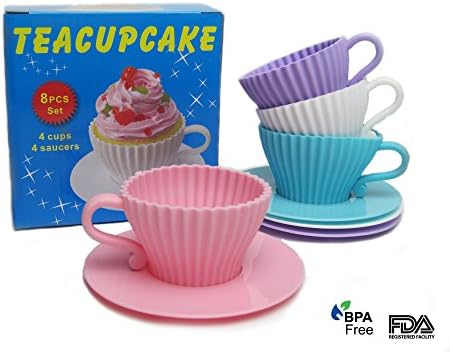 Silicone Baking Cups / Cupcake Liners / Premium Reusable Muffin Molds, 4 Cups and 4 Saucers in Pretty Storage Box