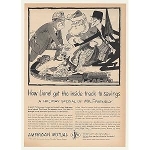 1955 Lionel Train Santa Christmas American Mutual Insurance Print Ad (44634)