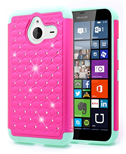 Lumia 640 XL Case, NageBee - Microsoft Lumia 640 XL Heavy Duty Hybrid Protective Armor Case Soft Silicone Cover with Studded Rhinestone Bling Design Hard Case for Lumia 640 XL (Diamond Pink/Teal)