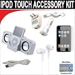 8 pc. Accessory kit for iPod Touch 7/16/32GB. Includes White portable stereo speaker w/cable 3-in-1 iPod charging kit (1000mAH) White Mini soft Earbuds Reusable Pre-Cut Screen Protector and a DBROTH Microfiber Cleaning Cloth