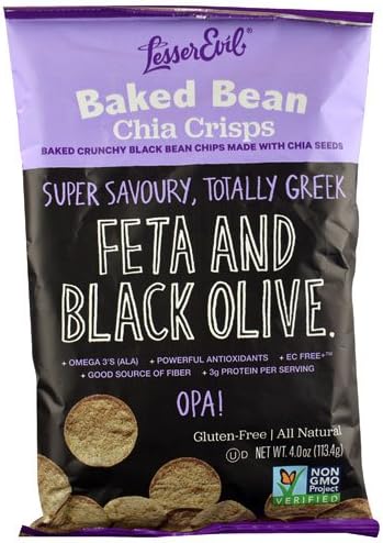 LesserEvil Chia CrispsTM Baked Crunchy Black Bean Chips Feta and Black Olive --4 pack of 4 oz