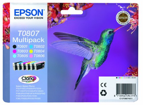Epson Claria T0807 Hummingbird Genuine Multipack Ink Cartridges