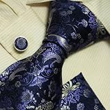 H5034 Designer Inspired Blue White Paisleys 100% Jacquard Woven Silk Tie Hanky Mens Purple Pattern Necktie and Cuff Links Cufflinks and Handkerchiefs Set with Presentation Box