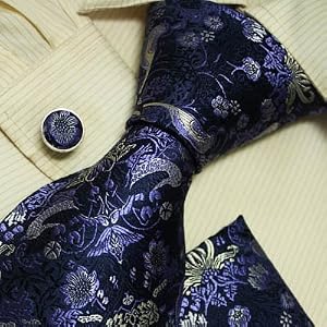 H5034 Designer Inspired Blue White Paisleys 100% Jacquard Woven Silk Tie Hanky Mens Purple Pattern Necktie and Cuff Links Cufflinks and Handkerchiefs Set with Presentation Box