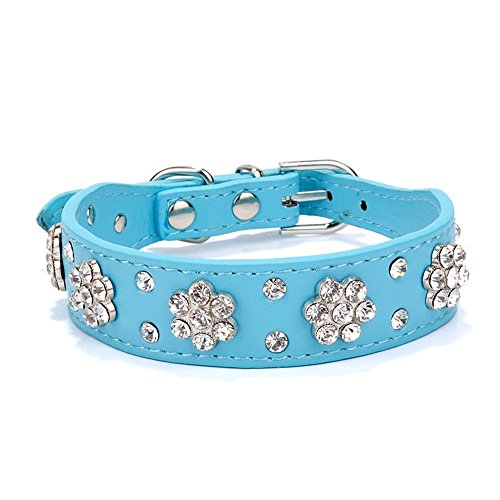 Gimilife Pet Collars 2 Rows Rhinestone Bling Flower Studded PU Leather Dog Collar for Small or Medium Dogs (Blue M, S)