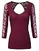 Doublju Womens 3/4 Sleeve V-Neck Lace Paneled Top With Cutout Back